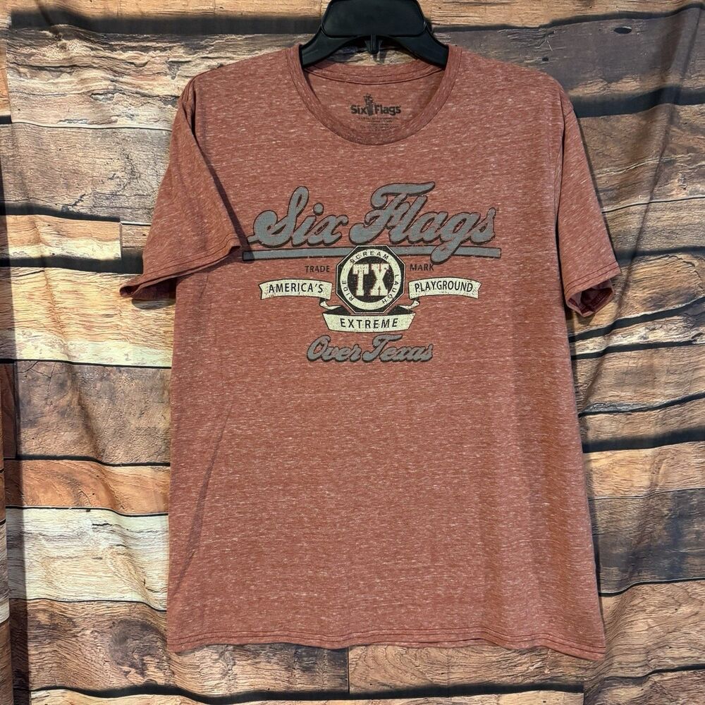 Six Flags Over Texas Shirt Mens Large Red/Orange Heather Theme Park Graphic Tee
